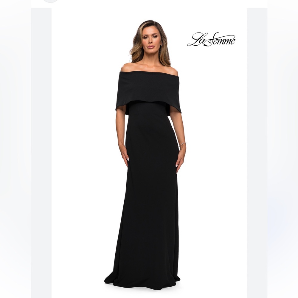 La Femme Off-Shoulder Black Formal Gown